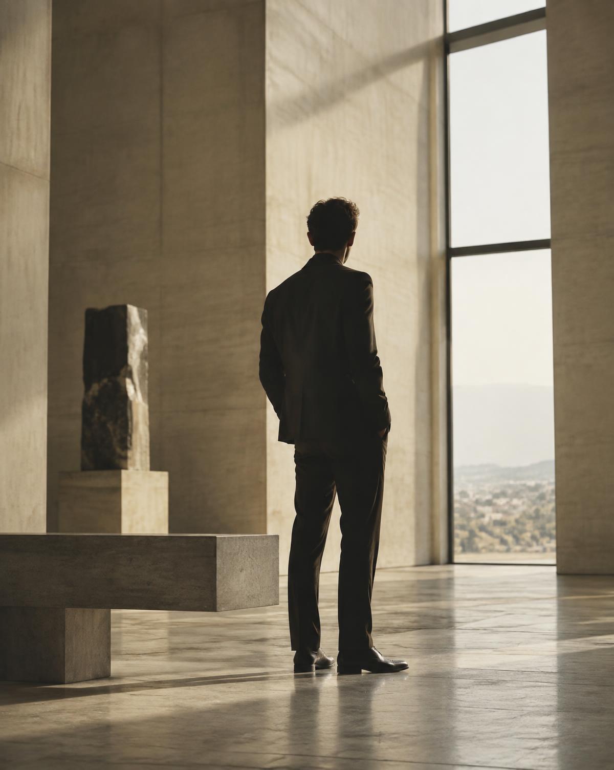 Aurélien Roy dans un environnement architectural minéral