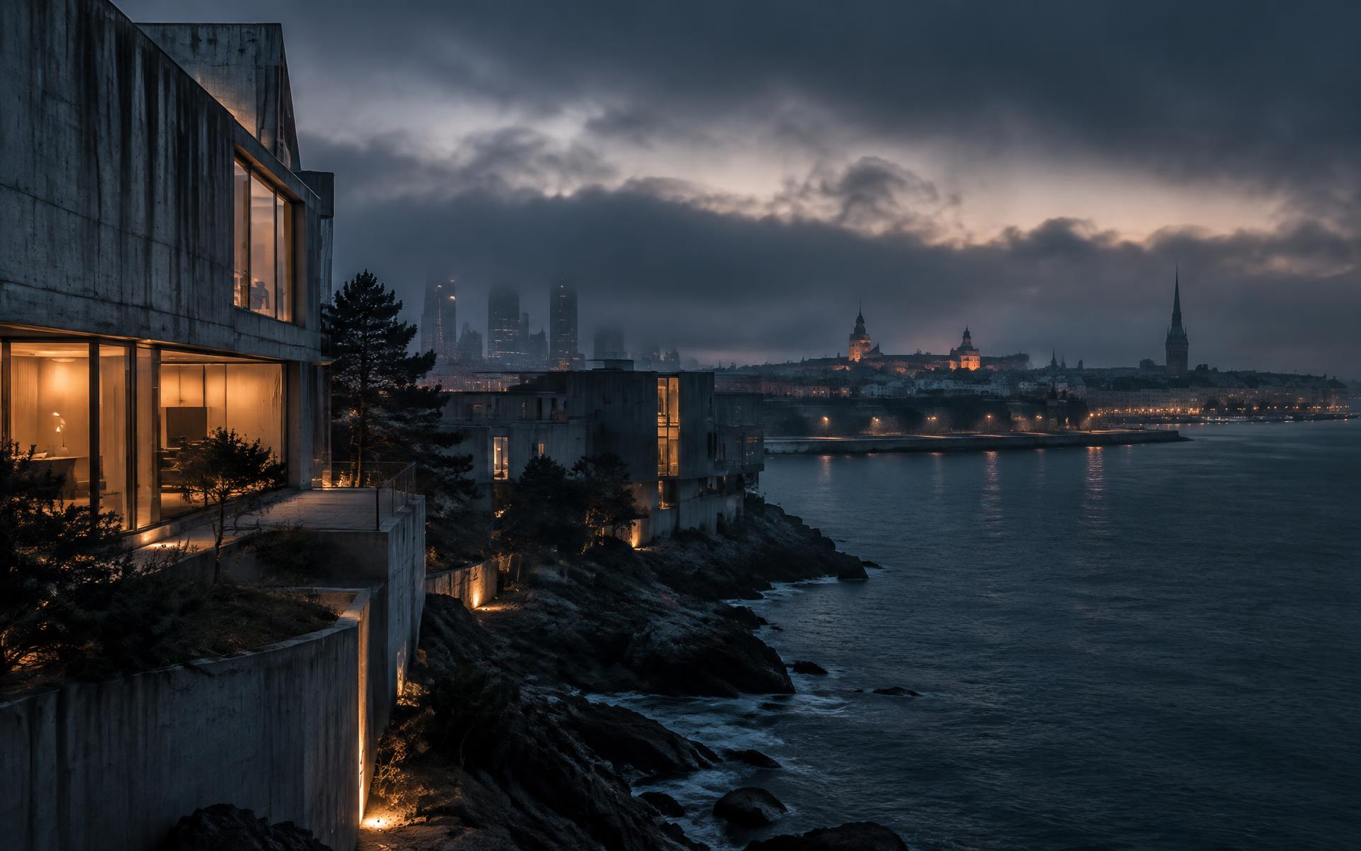 Architecture contemporaine en bord de mer Baltique à Tallinn, à la tombée de la nuit